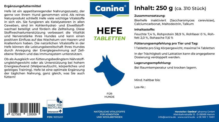 Дрожжевые таблетки с энзимами и ферментами для собак Canina &laquo;Hefe&raquo; 310 таблеток, 250 г (для пищеварения) 130009 Canina фото
