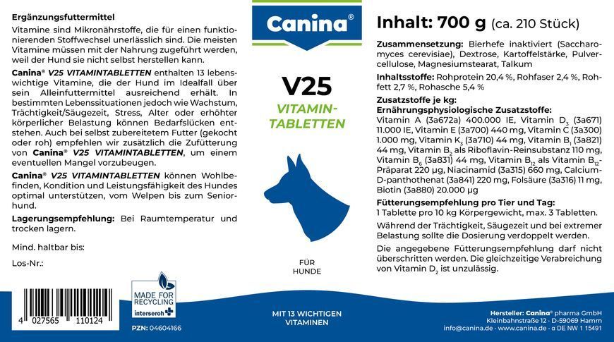 Витамины для собак Canina &laquo;V25&raquo; 210 таблеток, 700 г (мультивитамин) 110124 фото