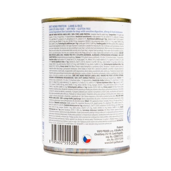 Влажный корм Brit Mono Protein Lamb & Rice для собак, с ягнятиной и рисом, 400 г 100833/100053/9728 фото