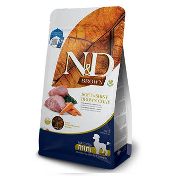 Сухий корм для собак міні порід з коричневою шерстю Farmina N&D Grain Free BROWN ADULT MINI з ягням, спіруліною та морквою 177878 фото