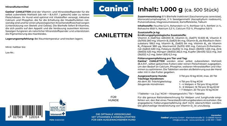 Витаминно-минеральный комплекс для взрослых собак Canina &laquo;Caniletten&raquo; 500 таблеток, 1 кг (витамины и минералы) 120314 AD фото