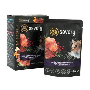 Набор влажных кормов Savory "3+1" для стерилизованных кошек, ягненок с клюквой в соусе, паучи, 4 шт 85 г Акція Savory_047613 фото