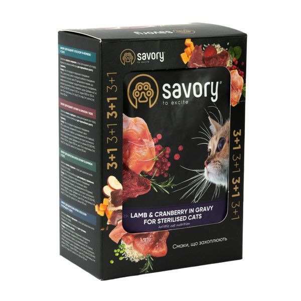 Набор влажных кормов Savory "3+1" для стерилизованных кошек, ягненок с клюквой в соусе, паучи, 4 шт 85 г Акція Savory_047613 фото