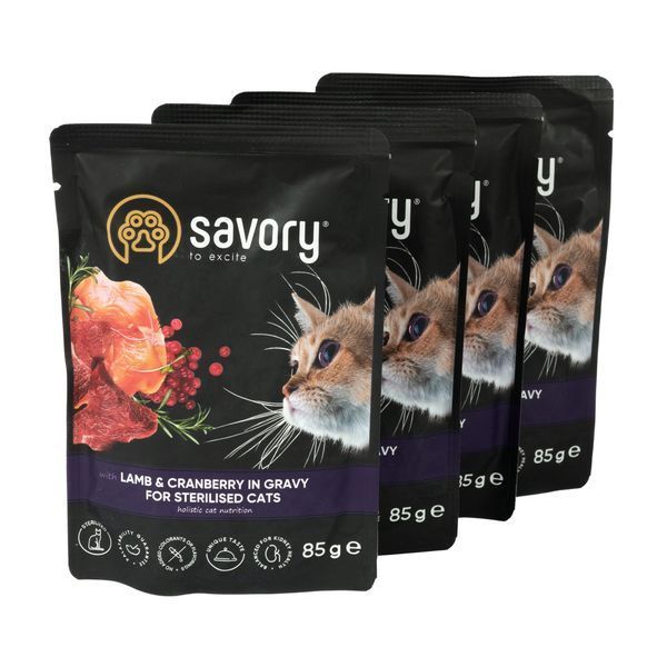 Набор влажных кормов Savory "3+1" для стерилизованных кошек, ягненок с клюквой в соусе, паучи, 4 шт 85 г Акція Savory_047613 фото