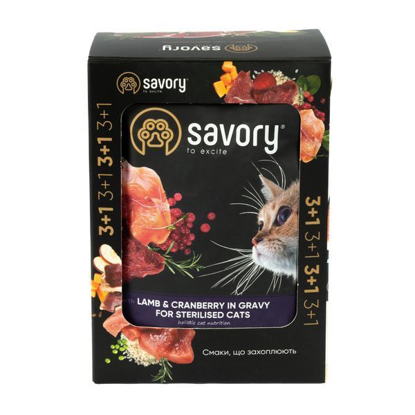 Набор влажных кормов Savory "3+1" для стерилизованных кошек, ягненок с клюквой в соусе, паучи, 4 шт 85 г Акція Savory_047613 фото