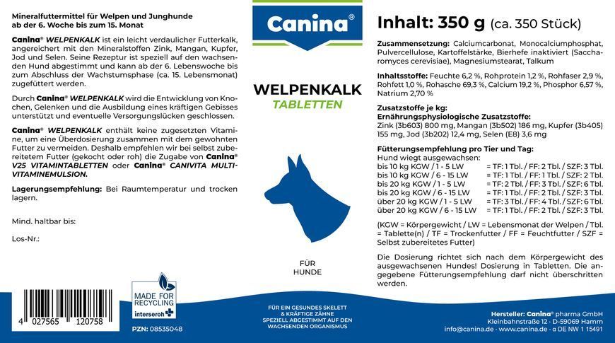 Минеральный комплекс для щенков и молодых собак Canina &laquo;Welpenkalk&raquo; 350 таблеток, 350 г 120758 AD фото