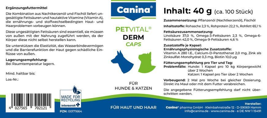 Витамины для кошек и собак Canina &laquo;PETVITAL Dеrm-Caps&raquo; 100 капсул, 40 г (для кожи и шерсти) 702121 AD фото