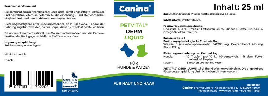 Вітаміни для котів та собак Canina &laquo;PETVITAL Derm-Liguid&raquo; 25 мл (для шкіри та шерсті) 702206 AD фото