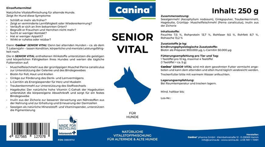 Вітаміни для літніх собак Canina &laquo;Senior Vital&raquo; порошок 250 г (для підтримки організму) 127078 AD фото