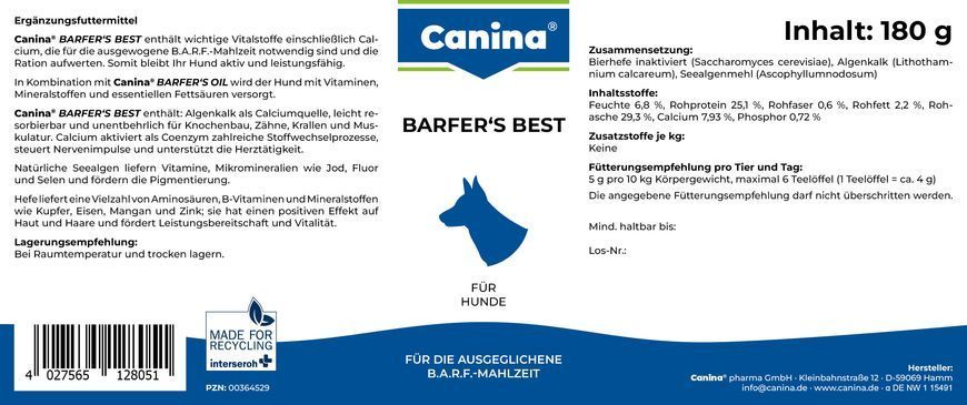 Витаминно-минеральный комплекс для собак Canina &laquo;Barfers Best&raquo; при натуральном кормлении, порошок 180 г (витамины и минералы) 128051 AD фото