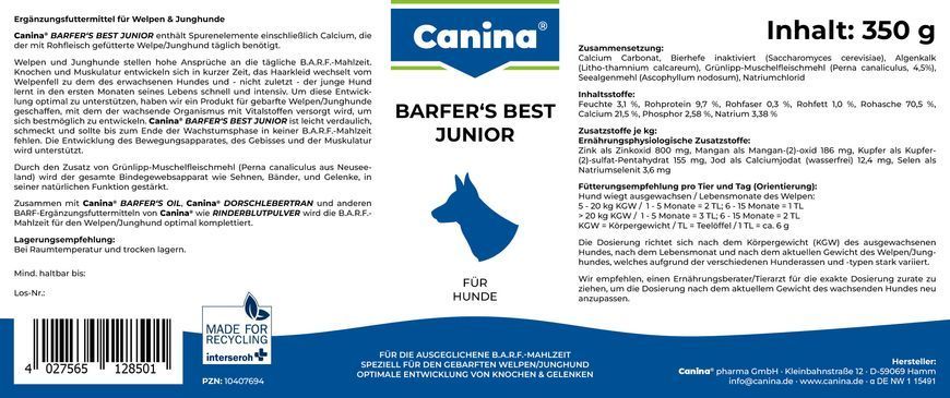 Витаминно-минеральный комплекс для щенков и молодых собак Canina &laquo;Barfers Best Junior&raquo; при натуральном кормлении, порошок 350 г (витамины и минералы) 128501 AD фото