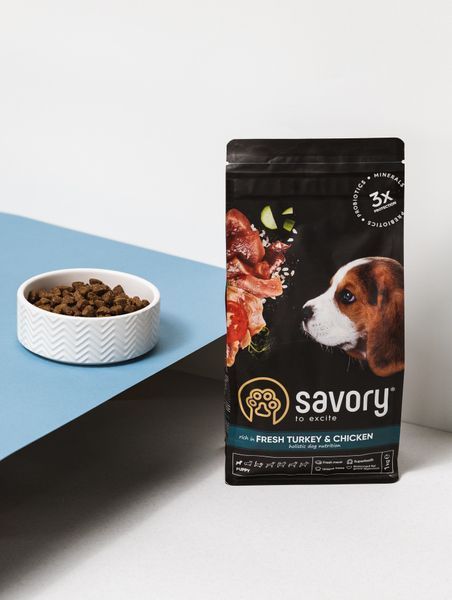 Сухой корм Savory Puppy для щенков всех пород, со свежей индейкой и курицей, 1 кг Savory_30280 фото