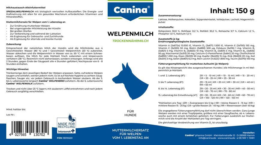 Замінник молока для собак Canina &laquo;Welpenmilch&raquo; 150 г 130702 AD фото