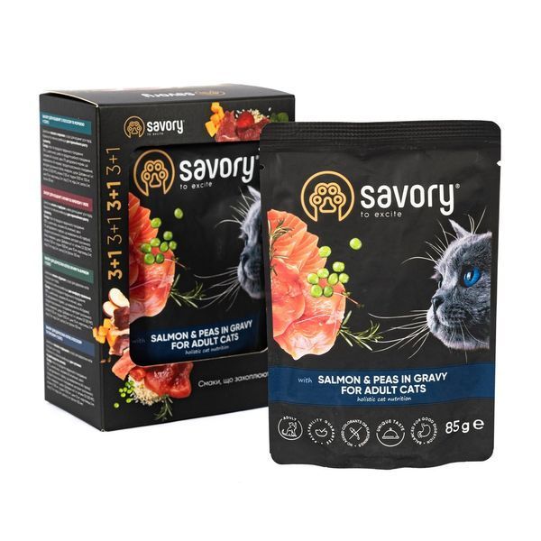 Набор паучей Savory Adult "3+1" для кошек, лосось с горохом в соусе, 85 г Savory_032817 фото