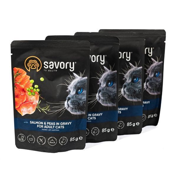 Набор паучей Savory Adult "3+1" для кошек, лосось с горохом в соусе, 85 г Savory_032817 фото