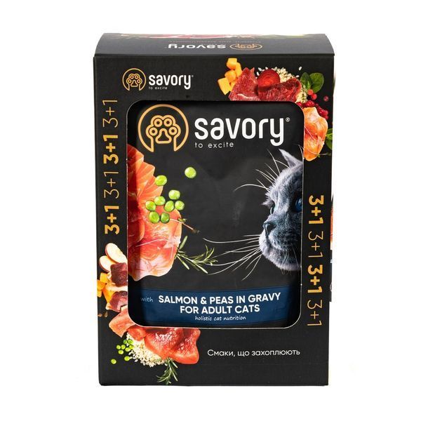Набор паучей Savory Adult "3+1" для кошек, лосось с горохом в соусе, 85 г Savory_032817 фото