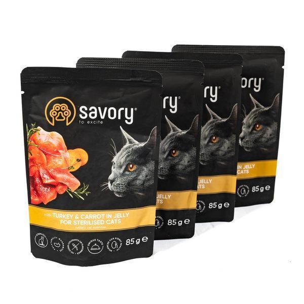 Набір паучів Savory Sterilised "3+1" для стерилізованих котів, індичка з морквою в желе, 85 г Savory_032831 фото