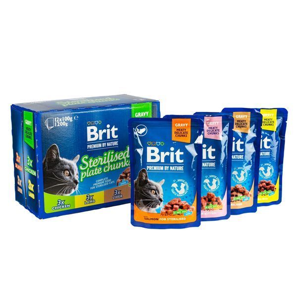 Влажный корм Brit Premium Cat Набор паучей семейная тарелка для стерилизованных кошек, ассорти 4 вкуса, 100 г х 12 шт BP_111834 фото