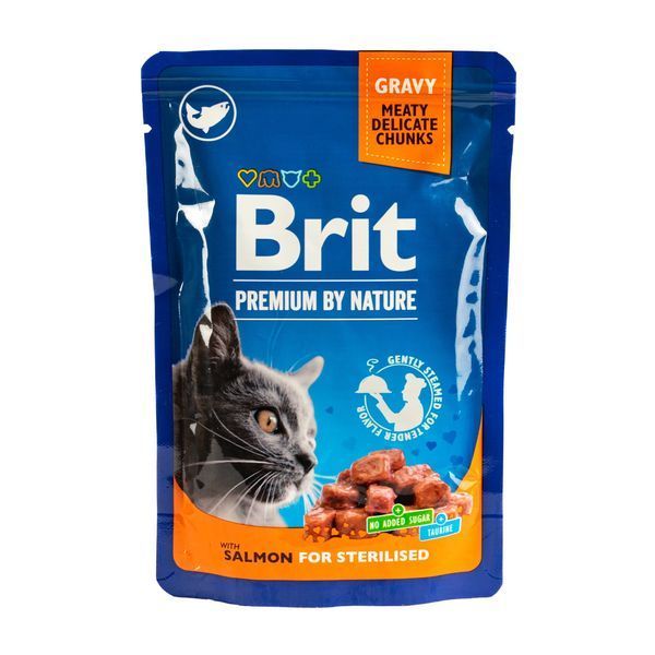 Вологий корм Brit Premium Cat pouch для стерилізованих котів, лосось, 100 г BP_111833 фото