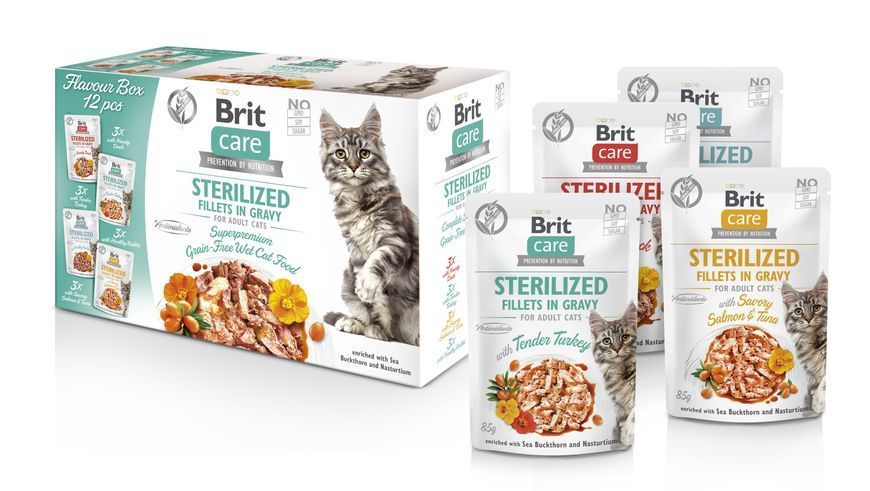 Корм вологий для стерилізованих котів Brit Care Flavour box Sterilized філе в соусі, набір паучів 12 х 85 г BC_101048 фото