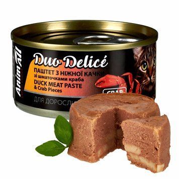 Вологий корм для котів AnimAll Duo Delice Паштет з качки зі шматочками краба 80 г 177063 фото