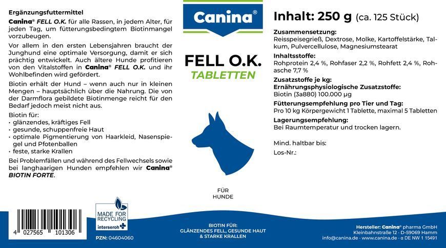 Вітаміни для собак Canina &laquo;Fell O.K.&raquo; 125 таблеток, 250 г (для шкіри та шерсті) 101306 AD фото