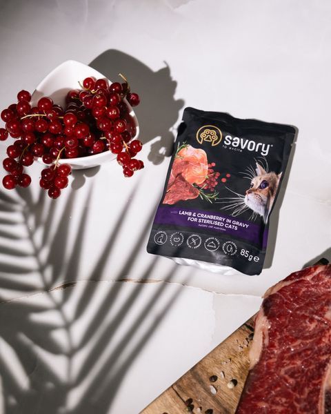 Влажный корм Savory для стерилизованных кошек, ягненок с клюквой в соусе, пауч, 85 г Savory_20093 фото